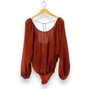 Free People Intimately Bodysuit Maroon Metallic Striped Sheer Boho Oversized S